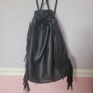 victorias secret black faux leather fringe bag